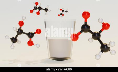 3D-Darstellung von Milchsäuremolekülen und Milch. Stockfoto