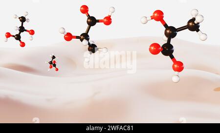 3D-Darstellung von Milchsäuremolekülen und Milch. Stockfoto