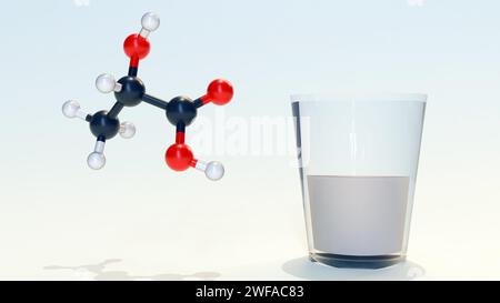 3D-Darstellung von Milchsäuremolekülen und Milch. Stockfoto