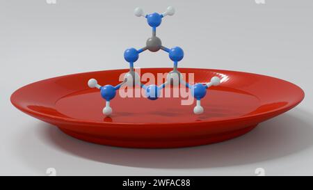 3D-Darstellung von Melaminmolekülen und roter Kunststoffplatte. Melamin ist langlebig und bruchfest und somit eine gute Wahl für Platten. Stockfoto