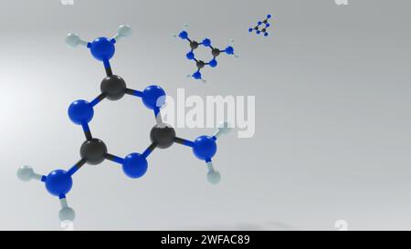 3D-Darstellung von Melaminmolekülen. Melamin ist langlebig und bruchfest und somit eine gute Wahl für Platten. Stockfoto