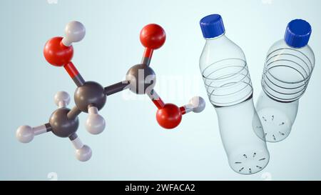 3D-Darstellung von Milchsäuremolekülen schwimmt über blauen Kunststoffwasserflaschen auf hellblauem Hintergrund Stockfoto