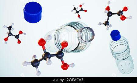 3D-Darstellung von Milchsäuremolekülen schwimmt über blauen Kunststoffwasserflaschen auf hellblauem Hintergrund Stockfoto