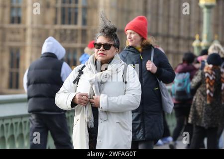 London, Großbritannien. Januar 2024. Touristen spazieren auf der Westminster Bridge in London an einem windigen Tag in der Hauptstadt. Quelle: SOPA Images Limited/Alamy Live News Stockfoto