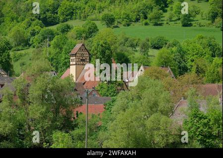 Blick auf den Ortskern Unterregenbach, Fachwerkhaus Langenburg-Unterregenbach, Jagsttal, Jagst, Schwaebisch Hall, Hohenlohe Stockfoto