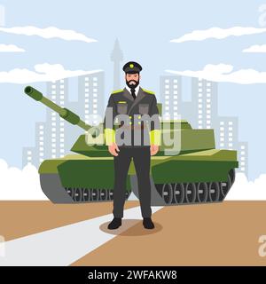 Militärmann mit Panzer. Vektor-Illustration im flachen Cartoon-Stil auf urbanem Hintergrund. Stock Vektor