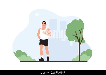 Mann, der im Park joggt. Vektor-Illustration in flachem Cartoon-Stil. Stock Vektor