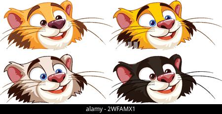 Vier verschiedene Karikaturkatzenausdrücke illustriert. Stock Vektor