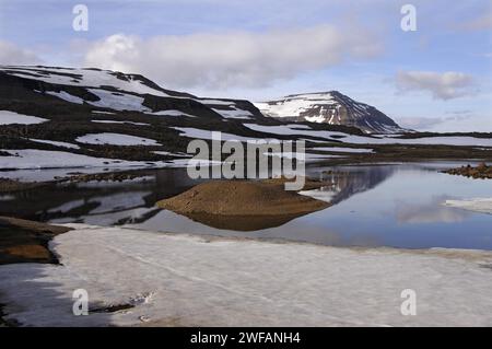 Noch teilweise gefroren Schmelzwasser Pool und den Berg Bjolfur im Bereich von Fjardarheidi in der Nähe von Seydisfjordur, Ost-Island Stockfoto