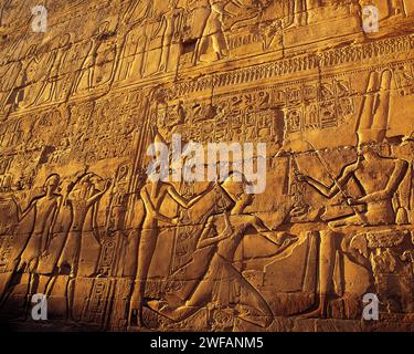 Aufwendig geschnitzten Stein Relief mit Close-ups der pharaonischen Zahlen in starken Abend Seite - Licht, am Karnak Tempel, Luxor, Ägypten Stockfoto