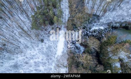 Dieses Bild zeigt eine atemberaubende Luftperspektive eines mäandernden Baches, der durch eine winterliche Waldlandschaft schneidet. Der Fluss, der teilweise durch die überhängenden mattierten Äste verdeckt ist, fungiert als dynamische Leitlinie. Es steht im Kontrast zu den umliegenden schneebedeckten Bäumen und dem frostigen Unterholz. Die unterschiedlichen Grüntöne der Evergreens sorgen für einen Farbakzent in der monochromatischen Winteratmosphäre. Winterstrom von oben. Hochwertige Fotos Stockfoto