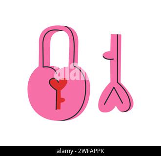 Schloss und Schlüssel in Herzform. Valentinstag-Konzept. Illustration des flachen Vektors. Gut für Aufkleber, Karten, Tags, Clipart Stock Vektor