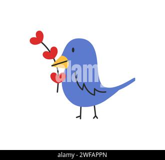 Süßer blauer Vogel mit Herzzweig. Valentinstag-Konzepte. Illustration des flachen Vektors. Gut für Aufkleber, Karten Stock Vektor