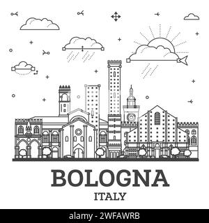 Umreißen Sie die Skyline von Bologna Italy mit historischen Gebäuden, isoliert auf Weiß. Vektordarstellung. Bologna Stadtlandschaft mit Wahrzeichen. Stock Vektor