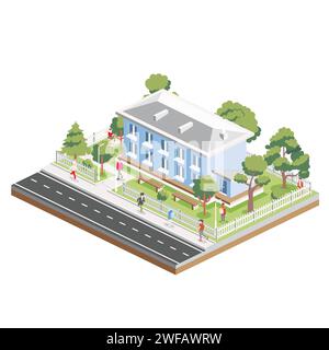 Isometrisches zweistöckiges Wohngebäude mit Menschen, Straßen und Bäumen. Symbol oder Infografik-Element. Vektorabbildung. Stadthaus. Stock Vektor