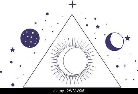 Mystische Pyramidensymbol mit Mond und Sonnenplaneten Stock Vektor