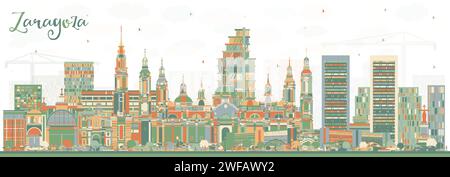 Skyline der Stadt Zaragoza Spanien mit farbigen Gebäuden. Vektorabbildung. Saragossas Stadtbild mit Wahrzeichen. Stock Vektor