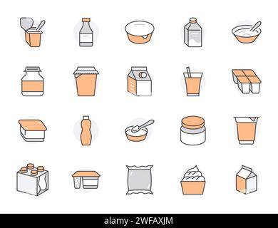 Symbole für die flache Linie der Joghurtverpackung. Milchprodukte - Milchflasche, Sahne, Kefir, Hüttenkäse, Haferbrei, Smoothie-Illustrationen schütteln. Dünne Schilder für Stock Vektor