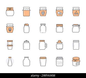Flaschenkonsolen für Papierstau. Glasverpackung für Fruchtkonfiture, Himbeerpozzy, Erdbeergelee, Marmelade Vektor Illustrationen. Dünne Schilder für Stock Vektor