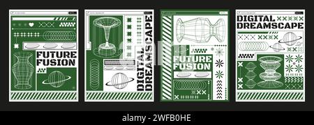 Designvorlage für Poster im ästhetischen y2k-Stil mit abstrakten Gitterformen, 3D-Tunnelformen, einfachen Symbolen und Textblock. Vektorsatz aus Retro-Bannern der 90er und 2000er Jahre oder Covern mit Drahtmodellgeometrie-Elementen. Stock Vektor