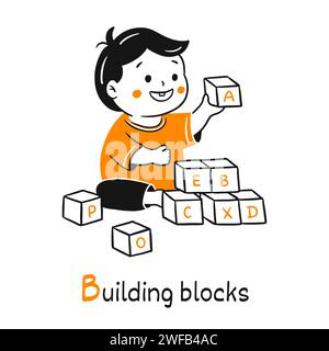 Kind, das mit Bausteinen spielt, Kindergartenillustration im Cartoon-Doodle-Stil. Süßer lächelnder Kleinkind, der mit dem Würfelalphabet spielt. Schwarz Stock Vektor