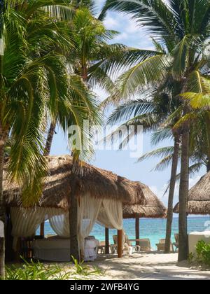 Massagehütte im Freien unter Palmen am Sandstrand, Playa del Carmen, Mexiko Stockfoto