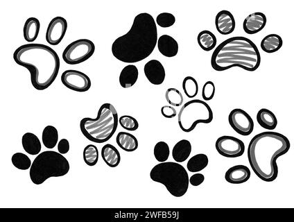 Set mit verschiedenen Pfotenabdrücken. Isoliert auf weißem Hintergrund. Grundabdrücke in verschiedenen Größen und Formen. Einige haben schwarze Füllung, andere schwarz und grau Stockfoto