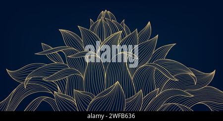 Vektor-Art-Deco-Lotusblume Illustration, goldene Linie floraler Luxus-Hintergrund. Abstrakte Hochzeitsblumen-Grafik, asiatisches Blumenmuster Stock Vektor