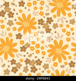 Nahtloses Herbstmuster von kleinen stilisierten Kritzelblüten auf gelbem Hintergrund. Handgezeichnete Vektorgrafik Stock Vektor