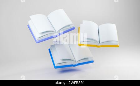 3D gerenderte offene Bücher mit buntem Cover, niedlichem und minimalem Stil, isoliert auf weißem Hintergrund. 3D-Darstellung. Hochwertige Abbildung Stockfoto