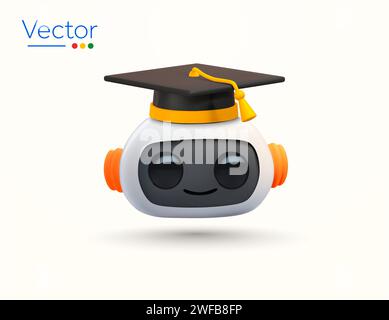 3D intelligenter und niedlicher moderner Roboter mit nur Kopf und Graduierungskappe, minimaler Stil, isoliert auf Hintergrund. Chat-Bot-Symbol, KI-gestütztes Kundensupport-Symbol. 3D-Vektor-Illustration. Vektorabbildung Stock Vektor