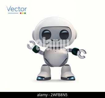 3D intelligenter und niedlicher Ganzkörperroboter, Begrüßungsposition, isoliert auf Hintergrund. Chat-Bot-Symbol, KI-gestütztes Kundensupport-Symbol. 3D-Vektor-Illustration. Vektorabbildung Stock Vektor