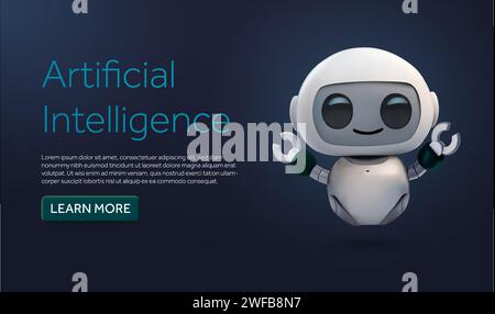 3D Moderne KI- oder Roboter-Service-Banner-Vorlage mit CTA-Taste auf dunklem Hintergrund. Intelligenter und niedlicher Roboter mit Kopf und Körper, Begrüßungsposition, isoliert auf Hintergrund. 3D-Vektordarstellung. Vektorabbildung Stock Vektor