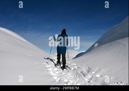 Schneeschuh Wandern im Naturpark Beverin, Graubünden, Schweiz Stockfoto