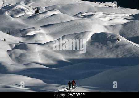 Schneeschuh Wandern im Naturpark Beverin, Graubünden, Schweiz Stockfoto