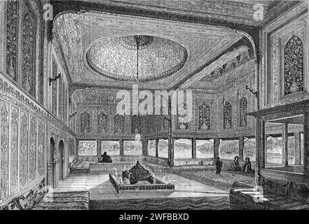 Innenraum des Kiosks mit Blick auf den Bosporus oder das Goldene Horn im Topkapi-Palast Istanbul Türkei. Vintage oder Historic Enbraving of Illustration 1862. Stockfoto