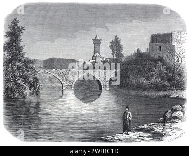 Historische Brücke über den Fluss Orontes bei Hama Syria. Vintage oder historische Gravur oder Illustration 1863 Stockfoto