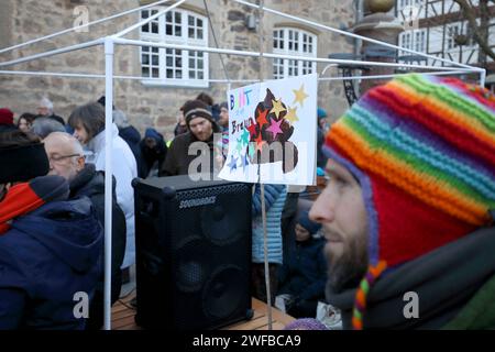 Demo gegen Hass und Hetze - Kundgebung gegen die AfD und Rechtsextremismus - DE, Deutschland, Witzenhausen, 27.01.2024 - Witzenhausen: Unter dem Motto nie wieder 1933 nie wieder Faschismus fand auf dem Marktplatz in Witzenhausen eine Kundgebung gegen den erstarkenden Rechtsextremismus statt, die vom Aktionsbündnis Bunt statt braun unterstützt wurde. Die Demoteilnehmer demonstrierten gegen den Rechtsruck in Deutschland, für Vielfalt und den Erhalt der Demokratie. Demoschild: BUNT statt Braun - Abbildung: Scheißhaufen mit bunten Sternen brauner Kackhaufen *** Demo gegen Hass und agit Stockfoto