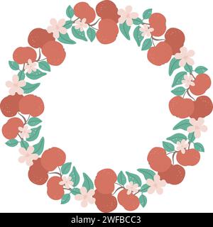 Blühende Äste mit rundem Äpfelrahmen. Kreisförmiger Rand mit Reifen Früchten, Blüten und Blättern. Obstschmuck mit Kopierraum, Vektorillustration Stock Vektor