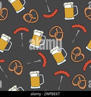 Nahtloses Octoberfest-Muster. Hintergrund mit Bier, Brezel, Bier, Wurst und anderen deutschen Speisen. Traditionelle bayerische Einrichtung. Stock Vektor