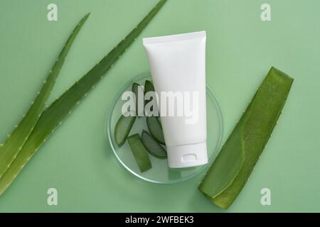 Eine Petrischale aus Glas mit Aloe Vera-Scheiben und einem leeren weißen Röhrchen mit Etikett. Aloe Vera (Aloe barbadensis miller) enthält viele wohltuende Inhaltsstoffe Stockfoto