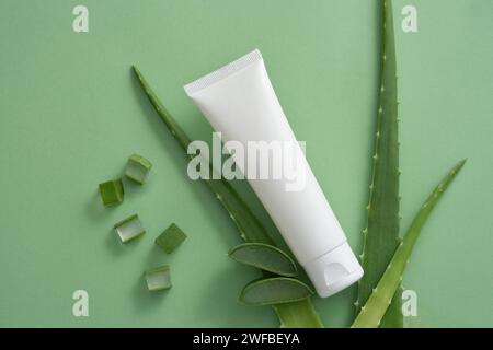 Flaches Lagen eines Röhrchens ohne Etikett und Aloe Vera-Schnitte und -Blätter. Aloe Vera (Aloe barbadensis miller) reich an Vitaminen und reich an Enzymen, die gut f Stockfoto