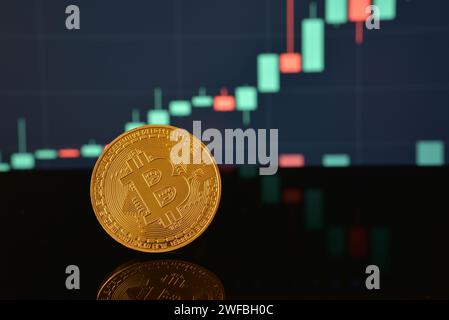 Foto von goldenem Bitcoin auf schwarzer reflektierender Oberfläche und Kerzendiagramm im Hintergrund. Kryptowährungsmärkte. Kaufen. Preiserhöhung. Stockfoto