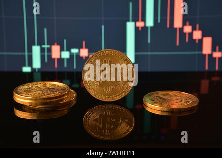 Foto von goldenem Bitcoin auf schwarzer reflektierender Oberfläche und Preisdiagramm im Hintergrund. Kryptowährungsmärkte. Stockfoto