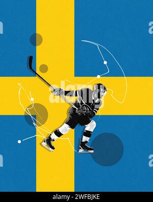 Junger Mann, Hockeyspieler im Spiel, Vertreter der schwedischen Mannschaft Stockfoto