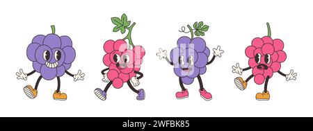 Grooviges Traubenset. Handzeichnung lustige Retro-Vintage-Cartoon-Figur im trendigen Stil. Doodle Comic Kollektion Stock Vektor