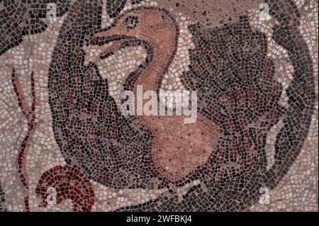 Vogel mit ausgestreuten Flügeln im Detail des spätrömischen Bodenmosaiks. Im Peristyle angrenzenden TriClinium (Speisesaal) in der Villa Romana del Casale, Piazza Armerina, Sizilien, Italien. Stockfoto