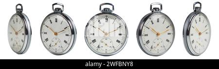 Alte Vintage Taschenuhr auf weißem Hintergrund. Sammlung. Stockfoto