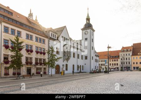 Ratsapotheke und Rathaus am Obermarkt von Freiberg, Sachsen, Deutschland *** Ratsapotheke und Rathaus am Obermarkt in Freiberg, Sachsen, Deutschland Stockfoto