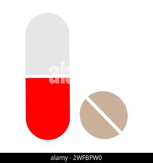 Pillen-Symbol. Rote und weiße Schilder. Pharmakologisches Konzept. Medizinischer Hintergrund. Gesundheitswesen. Vektorabbildung. Rohbild. EPS 10. Stock Vektor